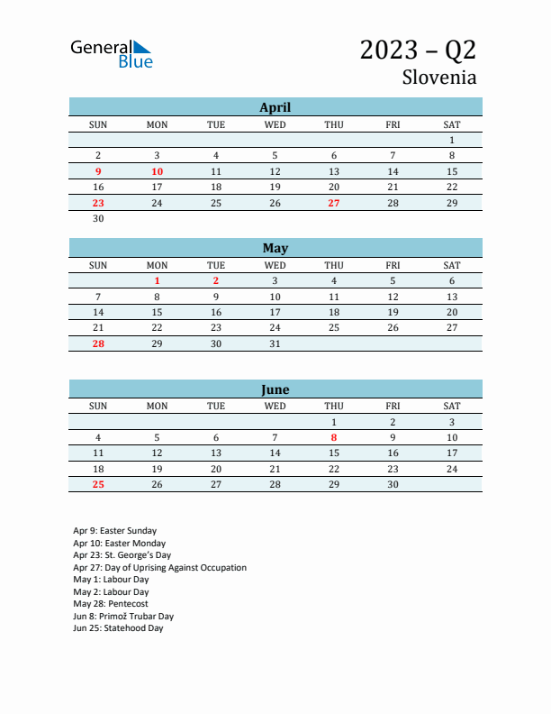 Three-Month Planner for Q2 2023 with Holidays - Slovenia