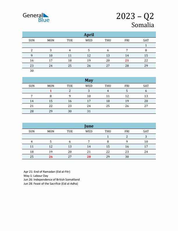 Three-Month Planner for Q2 2023 with Holidays - Somalia