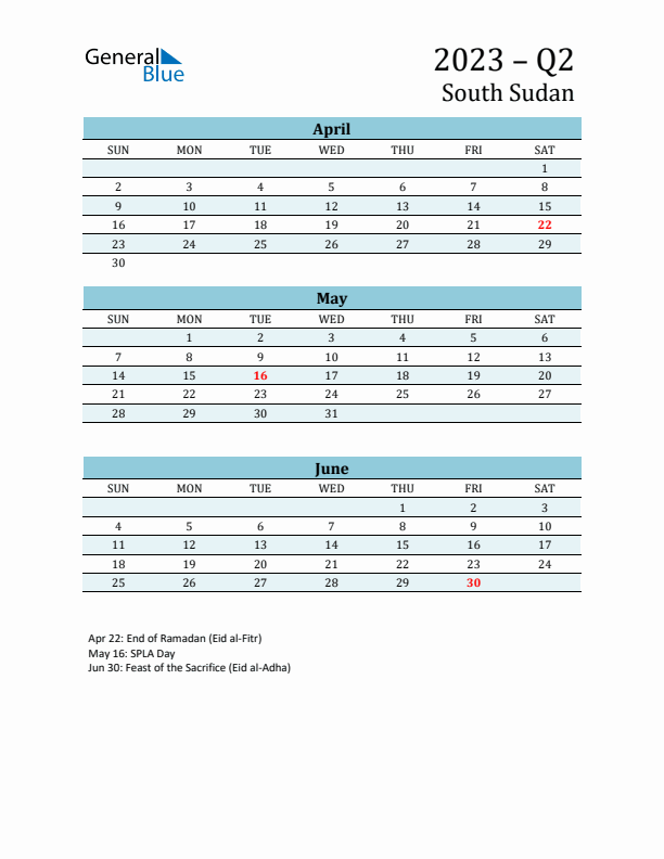 Three-Month Planner for Q2 2023 with Holidays - South Sudan