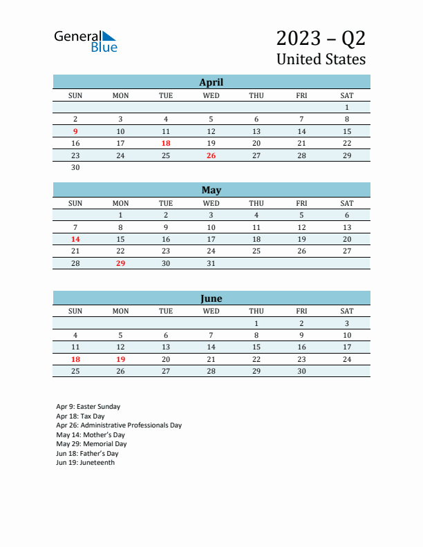 Three-Month Planner for Q2 2023 with Holidays - United States