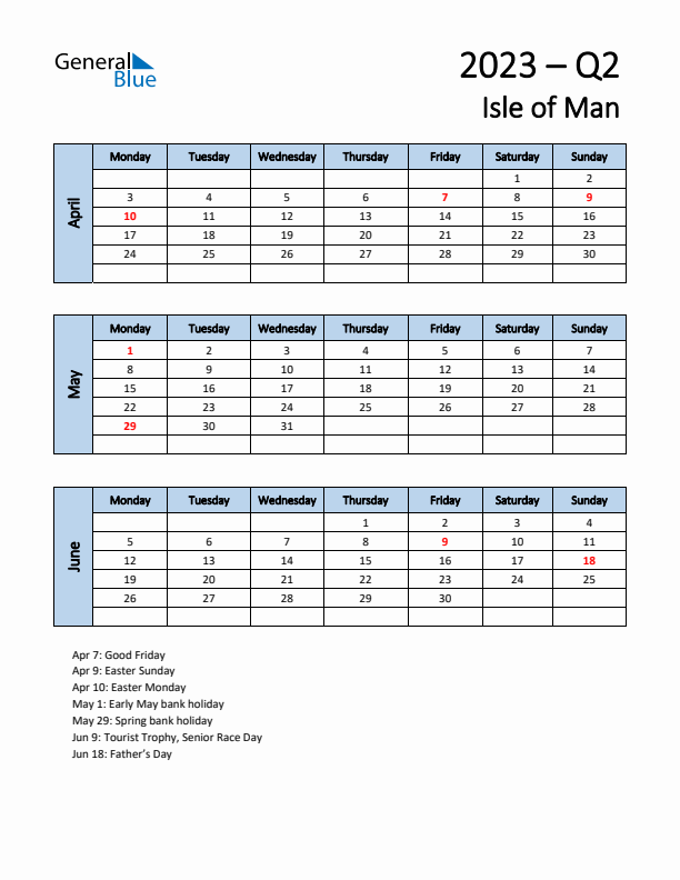 Free Q2 2023 Calendar for Isle of Man - Monday Start