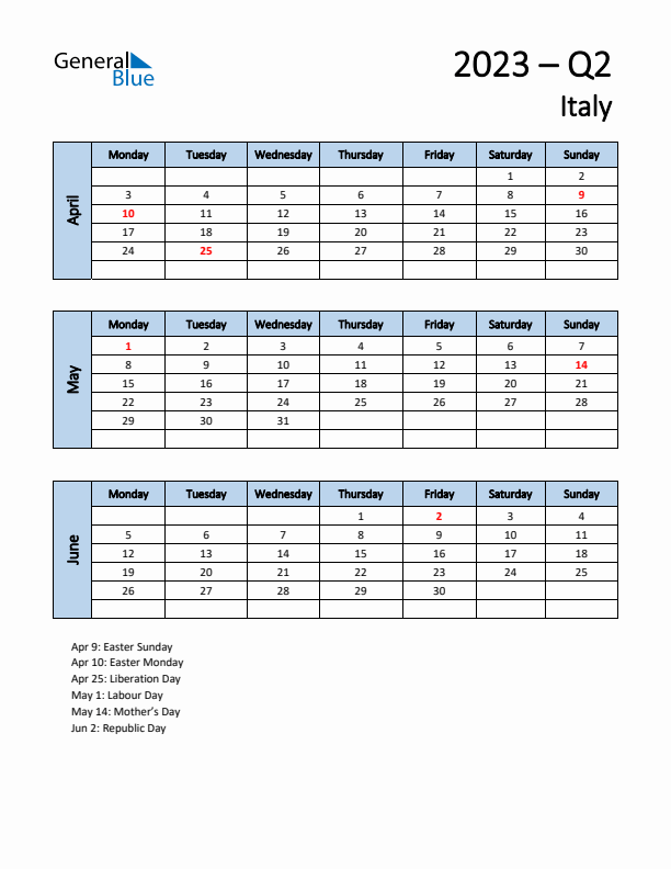 Free Q2 2023 Calendar for Italy - Monday Start