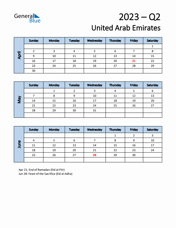 Free Q2 2023 Calendar for United Arab Emirates - Sunday Start