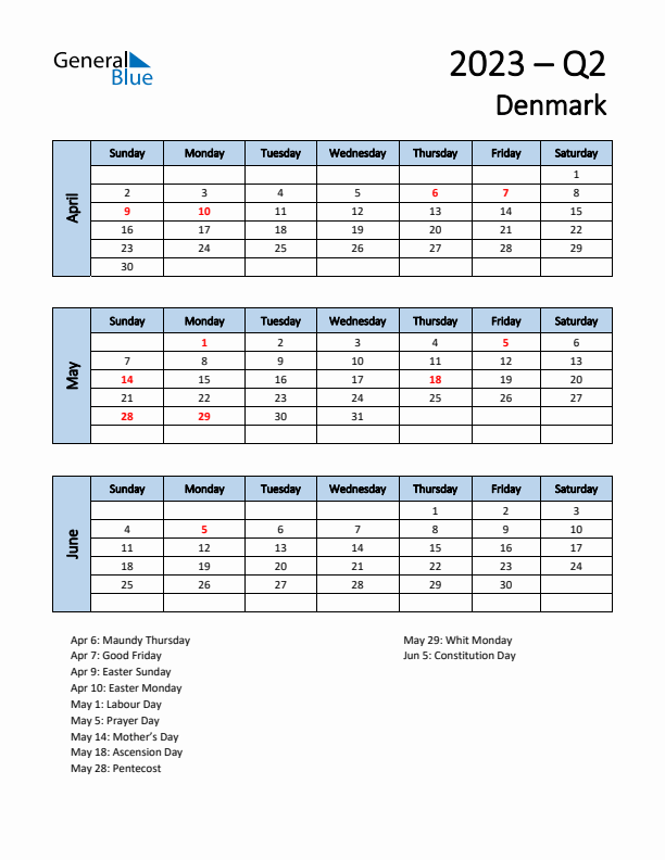 Free Q2 2023 Calendar for Denmark - Sunday Start