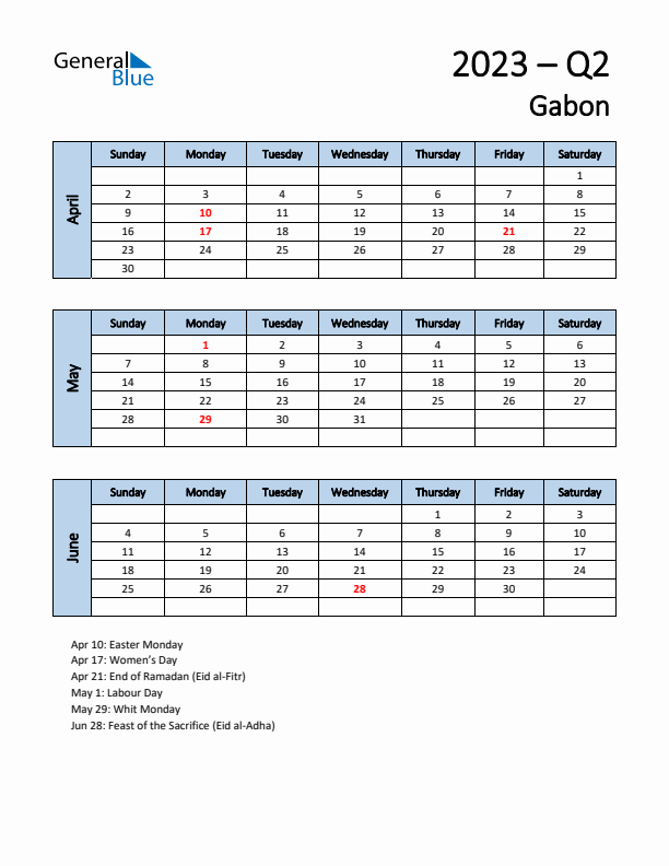 Free Q2 2023 Calendar for Gabon - Sunday Start