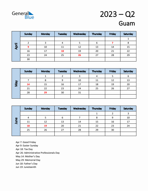 Free Q2 2023 Calendar for Guam - Sunday Start