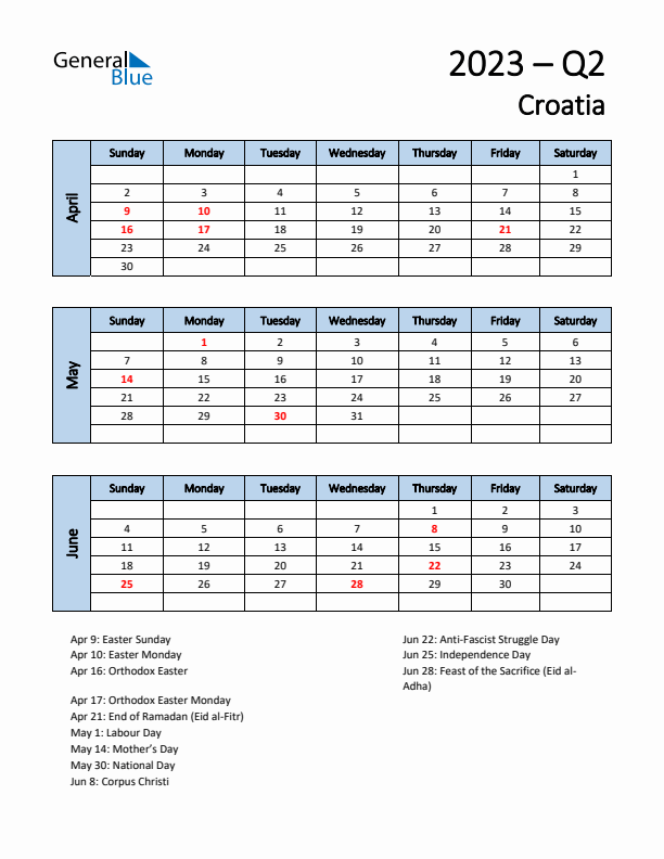 Free Q2 2023 Calendar for Croatia - Sunday Start