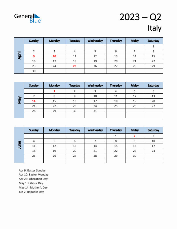 Free Q2 2023 Calendar for Italy - Sunday Start