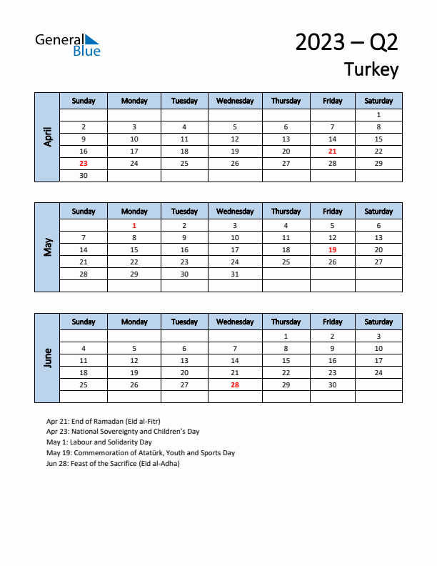 Free Q2 2023 Calendar for Turkey - Sunday Start