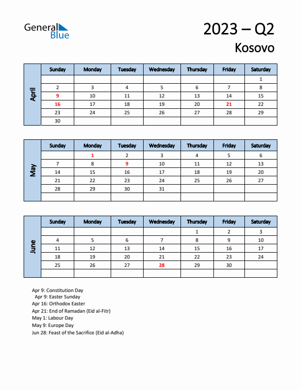 Free Q2 2023 Calendar for Kosovo - Sunday Start