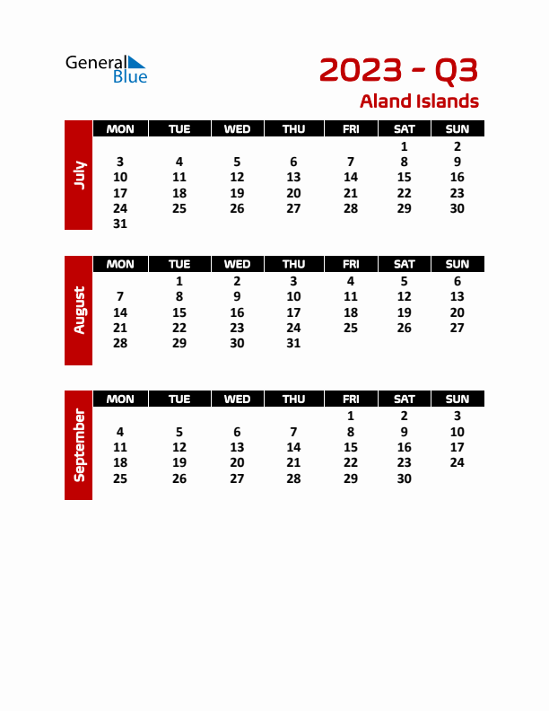 Q3 2023 Calendar with Holidays in Aland Islands