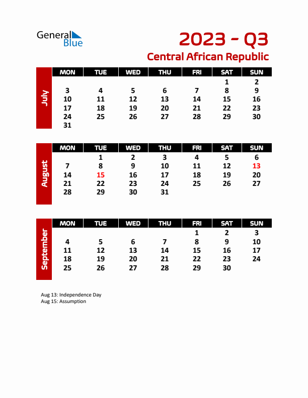 Q3 2023 Calendar with Holidays in Central African Republic