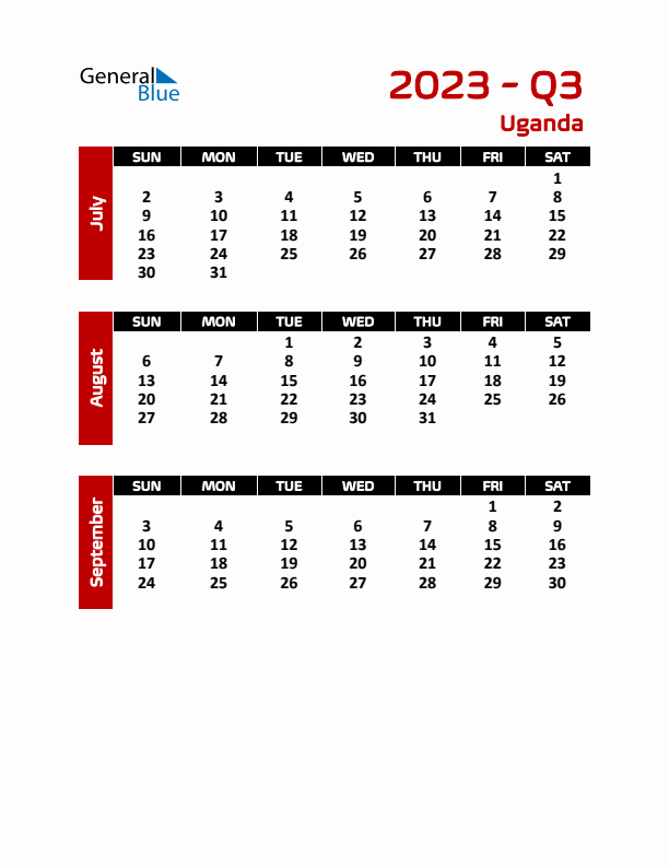 Q3 2023 Calendar with Holidays in Uganda