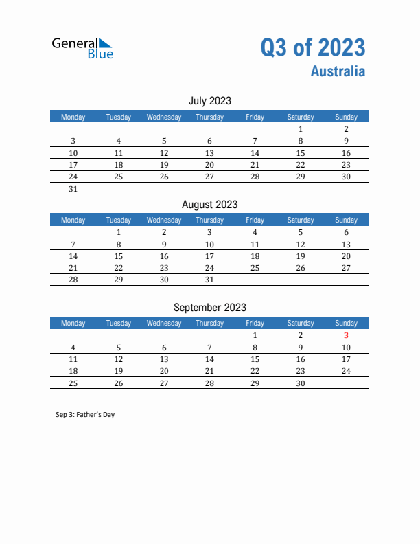 Australia Q3 2023 Quarterly Calendar with Monday Start