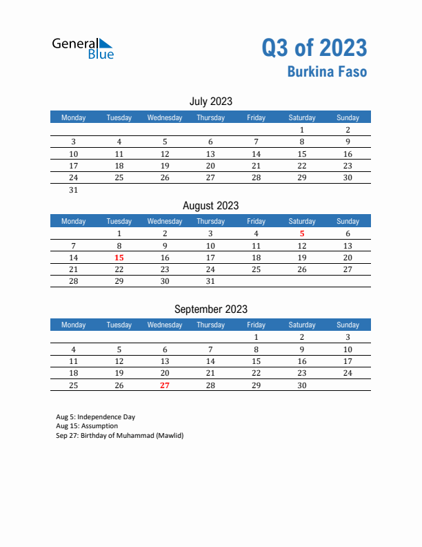 Burkina Faso Q3 2023 Quarterly Calendar with Monday Start