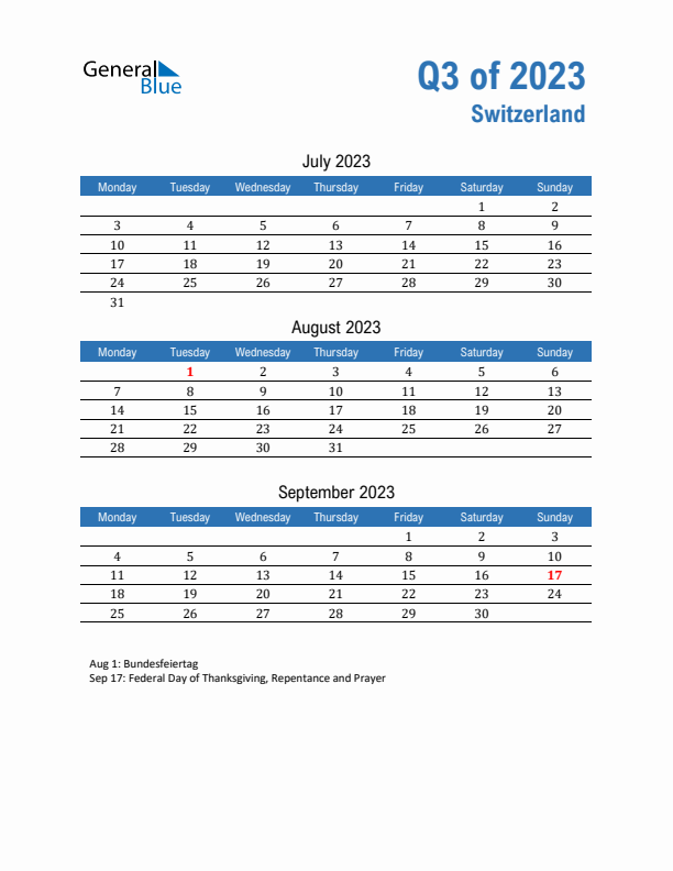 Switzerland Q3 2023 Quarterly Calendar with Monday Start