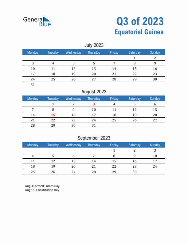 Equatorial Guinea Q3 2023 Quarterly Calendar with Monday Start