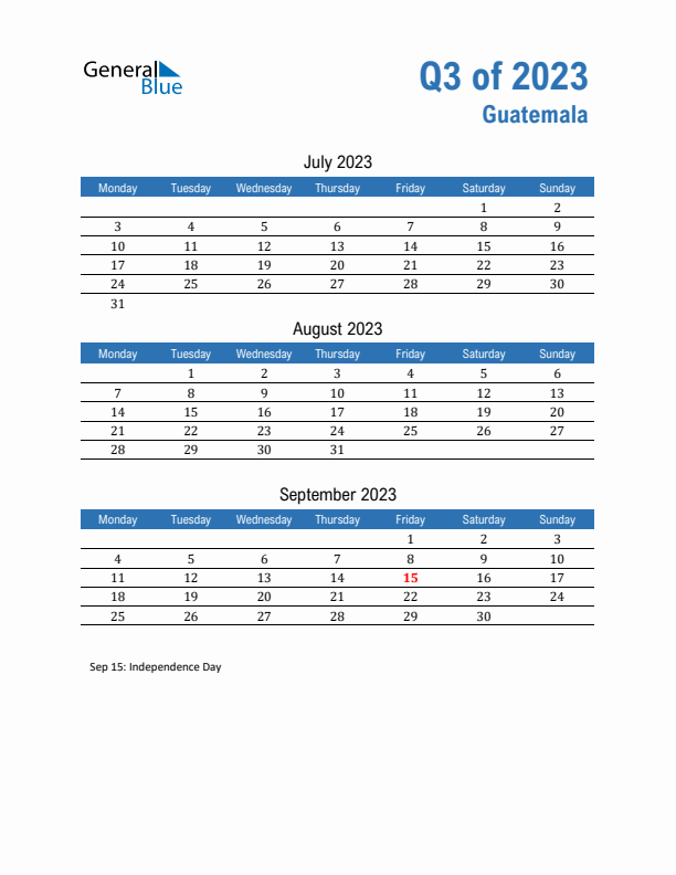 Guatemala Q3 2023 Quarterly Calendar with Monday Start