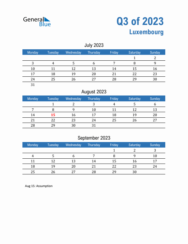 Luxembourg Q3 2023 Quarterly Calendar with Monday Start