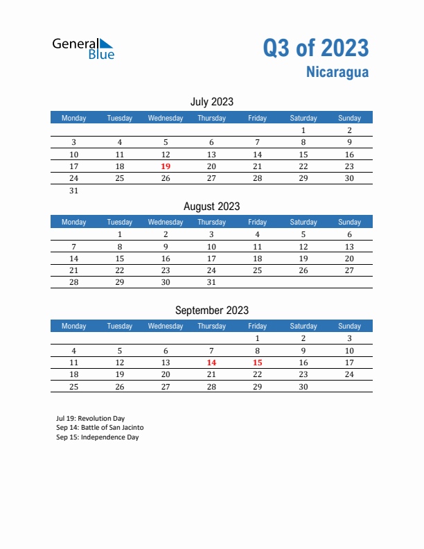 Nicaragua Q3 2023 Quarterly Calendar with Monday Start