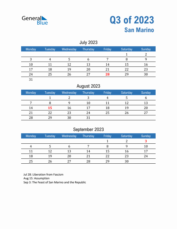 San Marino Q3 2023 Quarterly Calendar with Monday Start