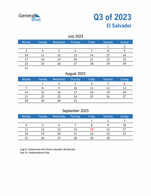 El Salvador Q3 2023 Quarterly Calendar with Monday Start