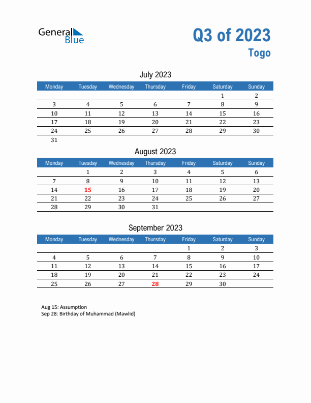 Togo Q3 2023 Quarterly Calendar with Monday Start