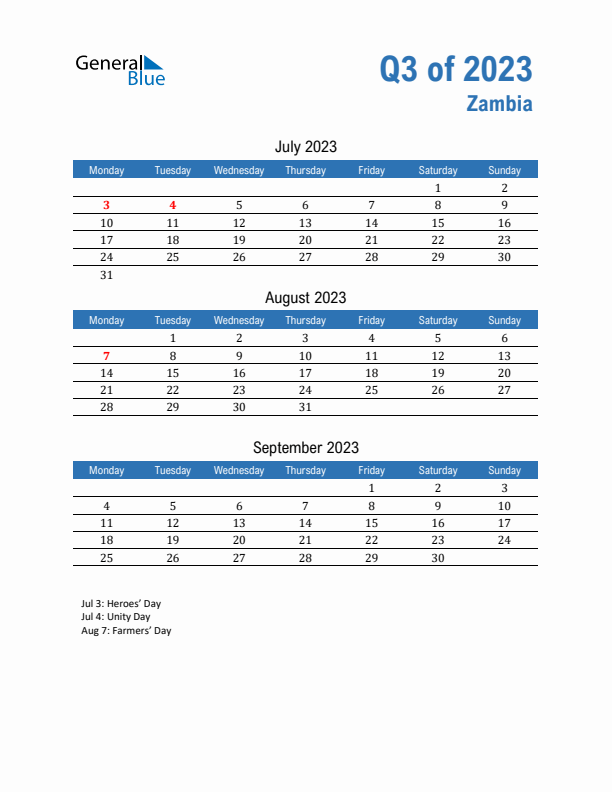 Zambia Q3 2023 Quarterly Calendar with Monday Start