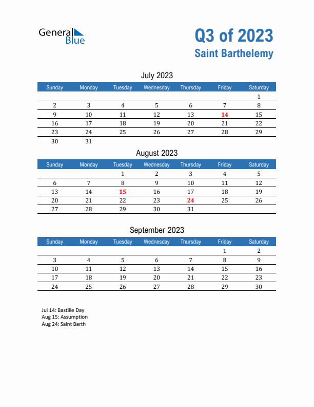 Saint Barthelemy Q3 2023 Quarterly Calendar with Sunday Start