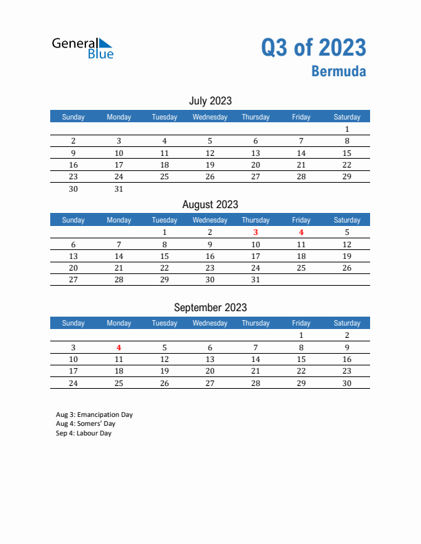 Bermuda Q3 2023 Quarterly Calendar with Sunday Start