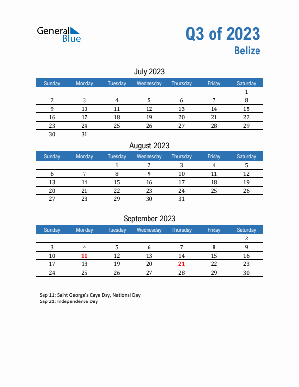 Belize Q3 2023 Quarterly Calendar with Sunday Start