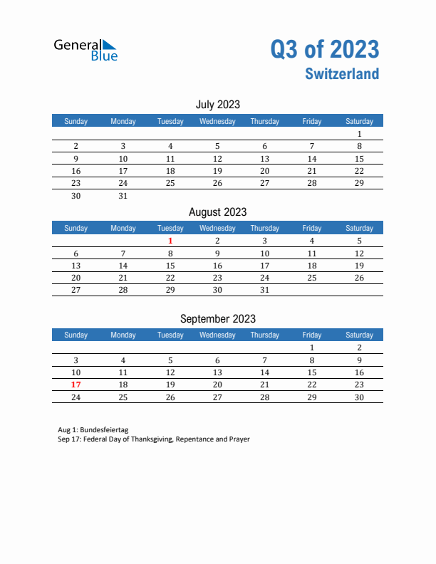 Switzerland Q3 2023 Quarterly Calendar with Sunday Start