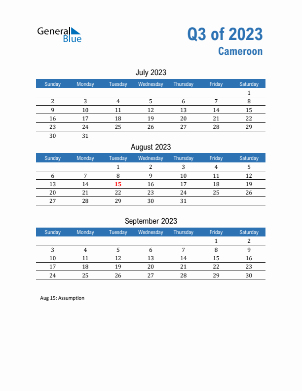 Cameroon Q3 2023 Quarterly Calendar with Sunday Start