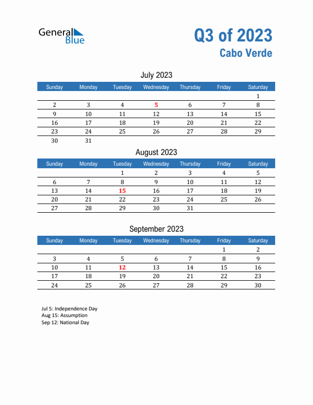 Cabo Verde Q3 2023 Quarterly Calendar with Sunday Start