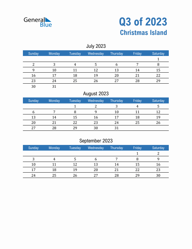 Christmas Island Q3 2023 Quarterly Calendar with Sunday Start