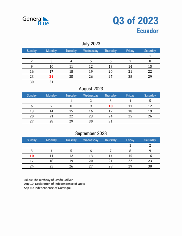 Ecuador Q3 2023 Quarterly Calendar with Sunday Start