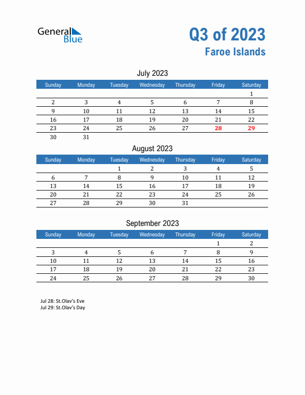 Faroe Islands Q3 2023 Quarterly Calendar with Sunday Start