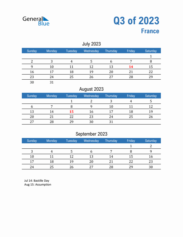 France Q3 2023 Quarterly Calendar with Sunday Start