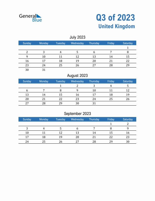 United Kingdom Q3 2023 Quarterly Calendar with Sunday Start