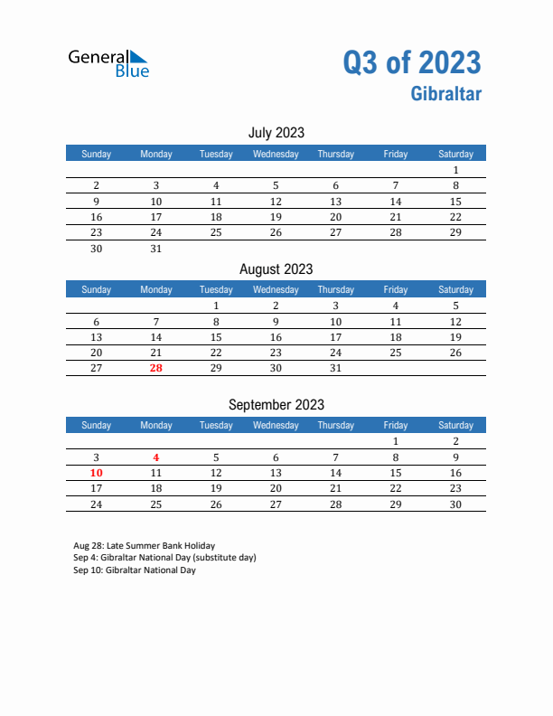 Gibraltar Q3 2023 Quarterly Calendar with Sunday Start