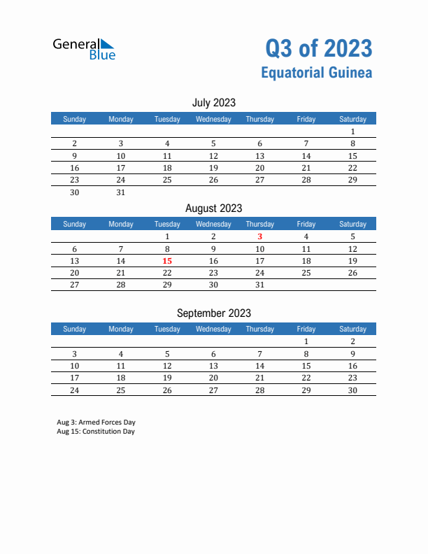 Equatorial Guinea Q3 2023 Quarterly Calendar with Sunday Start