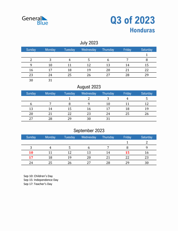 Honduras Q3 2023 Quarterly Calendar with Sunday Start