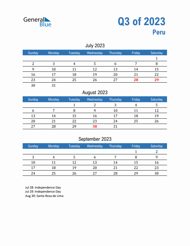 Peru Q3 2023 Quarterly Calendar with Sunday Start