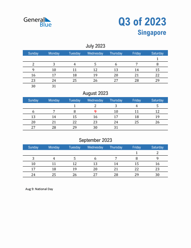 Singapore Q3 2023 Quarterly Calendar with Sunday Start