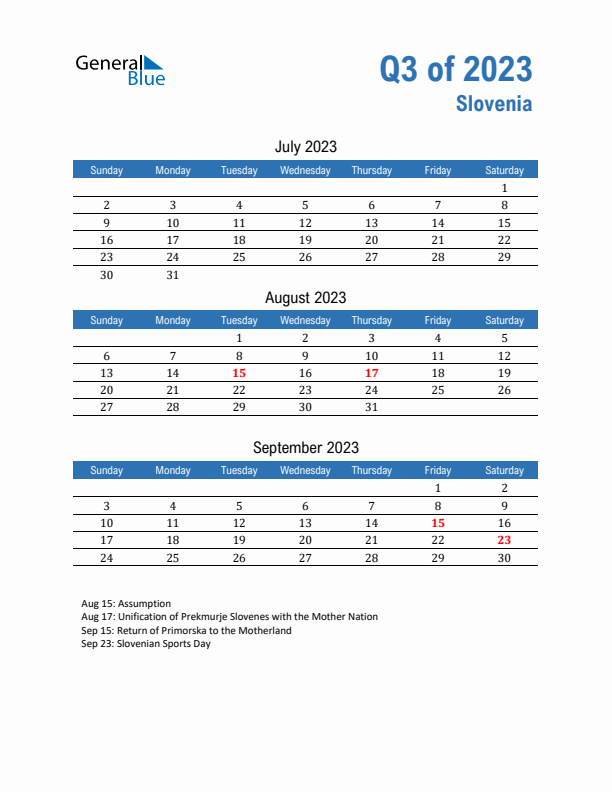 Slovenia Q3 2023 Quarterly Calendar with Sunday Start