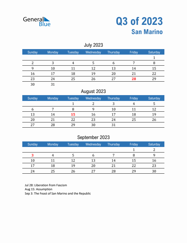 San Marino Q3 2023 Quarterly Calendar with Sunday Start