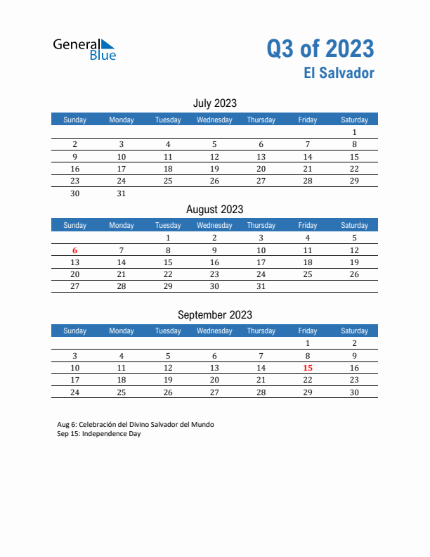 El Salvador Q3 2023 Quarterly Calendar with Sunday Start