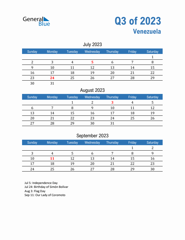 Venezuela Q3 2023 Quarterly Calendar with Sunday Start