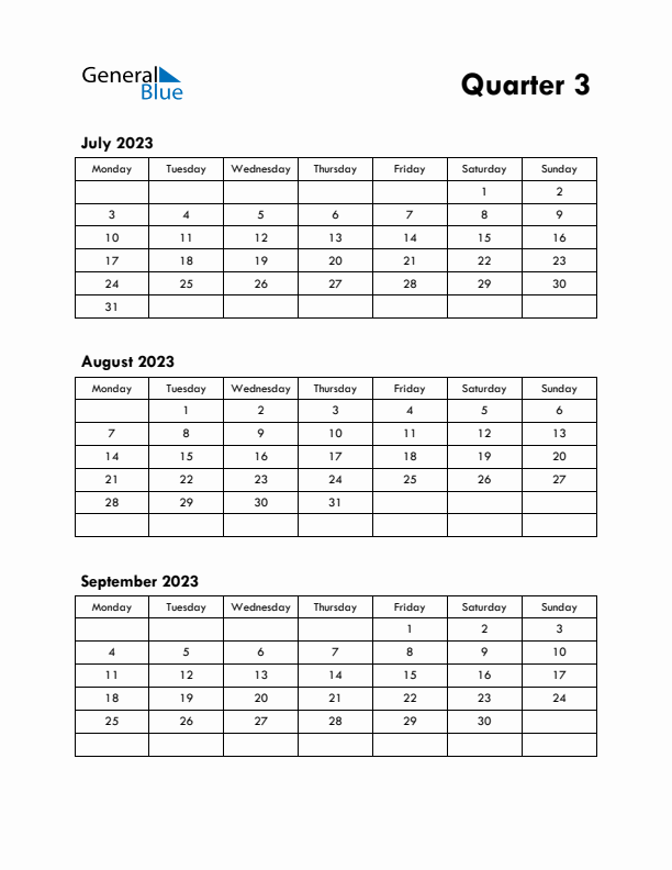 Quarter 3 2023 Calendar - Monday Start