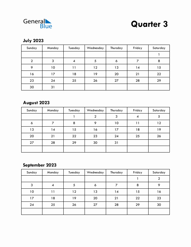 Quarter 3 2023 Calendar - Sunday Start